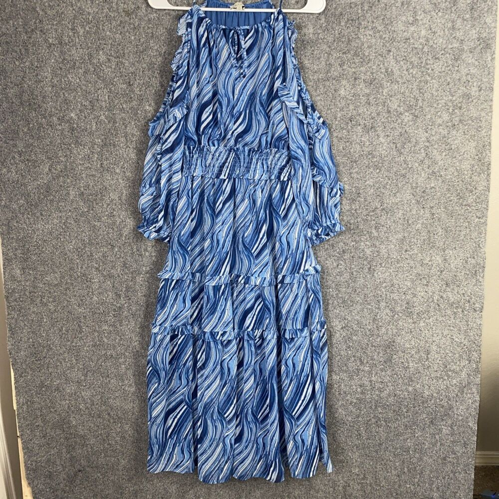 MILA MEA Dress Womens Size S Blue Ruffle Tiered Chiffon Midi Coastal Flowy